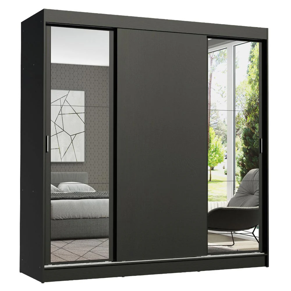 Guarda-Roupa Casal Madesa Reno 3 Portas de Correr com Espelhos Preto - Image 2