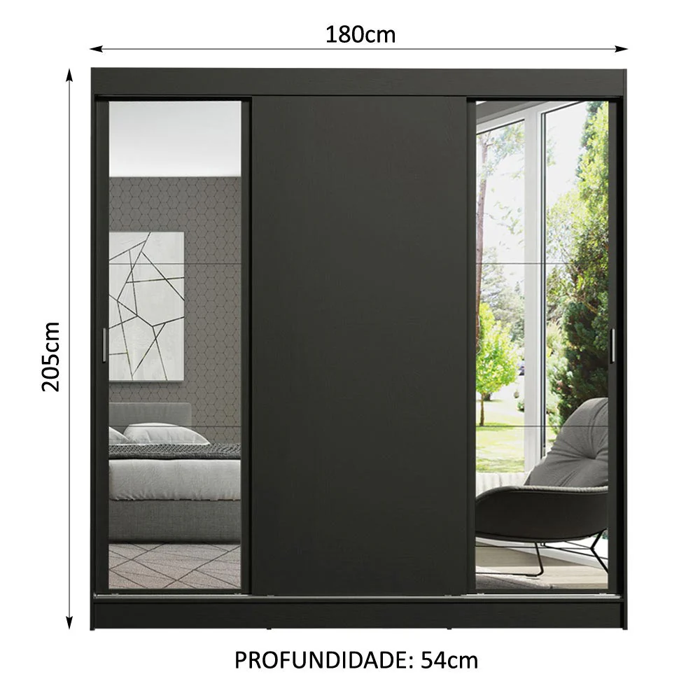Guarda-Roupa Casal Madesa Reno 3 Portas de Correr com Espelhos Preto - Image 3