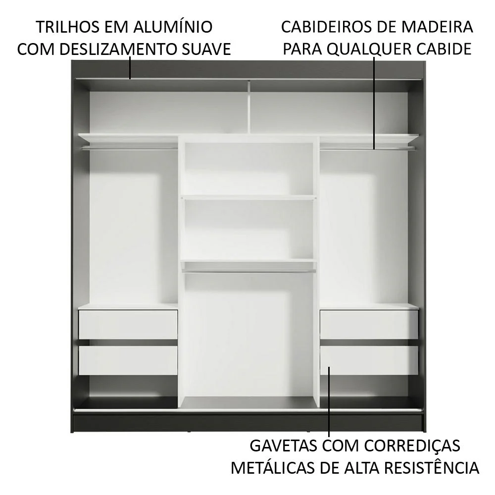 Guarda-Roupa Casal Madesa Reno 3 Portas de Correr com Espelhos Preto - Image 5