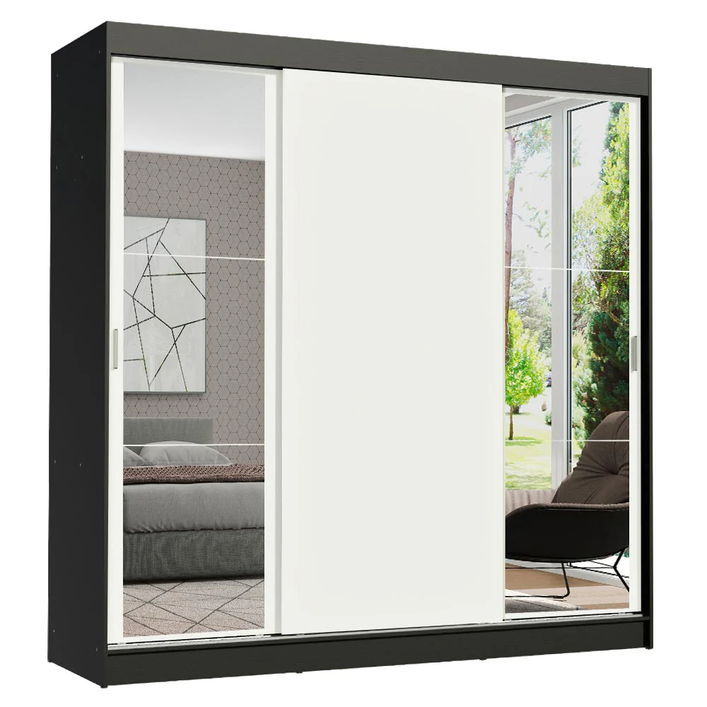 Guarda-Roupa Casal Madesa Reno 3 Portas de Correr com Espelhos Preto/Branco - Image 2