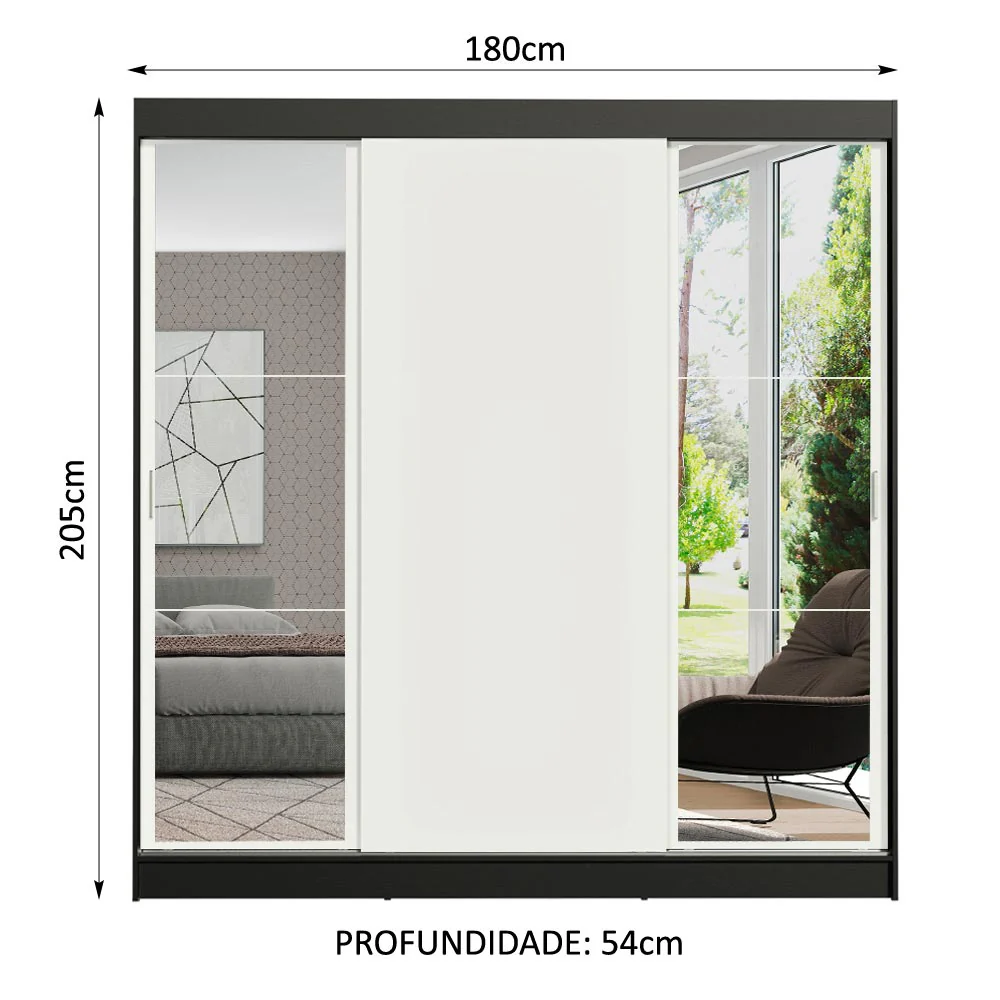 Guarda-Roupa Casal Madesa Reno 3 Portas de Correr com Espelhos Preto/Branco - Image 3