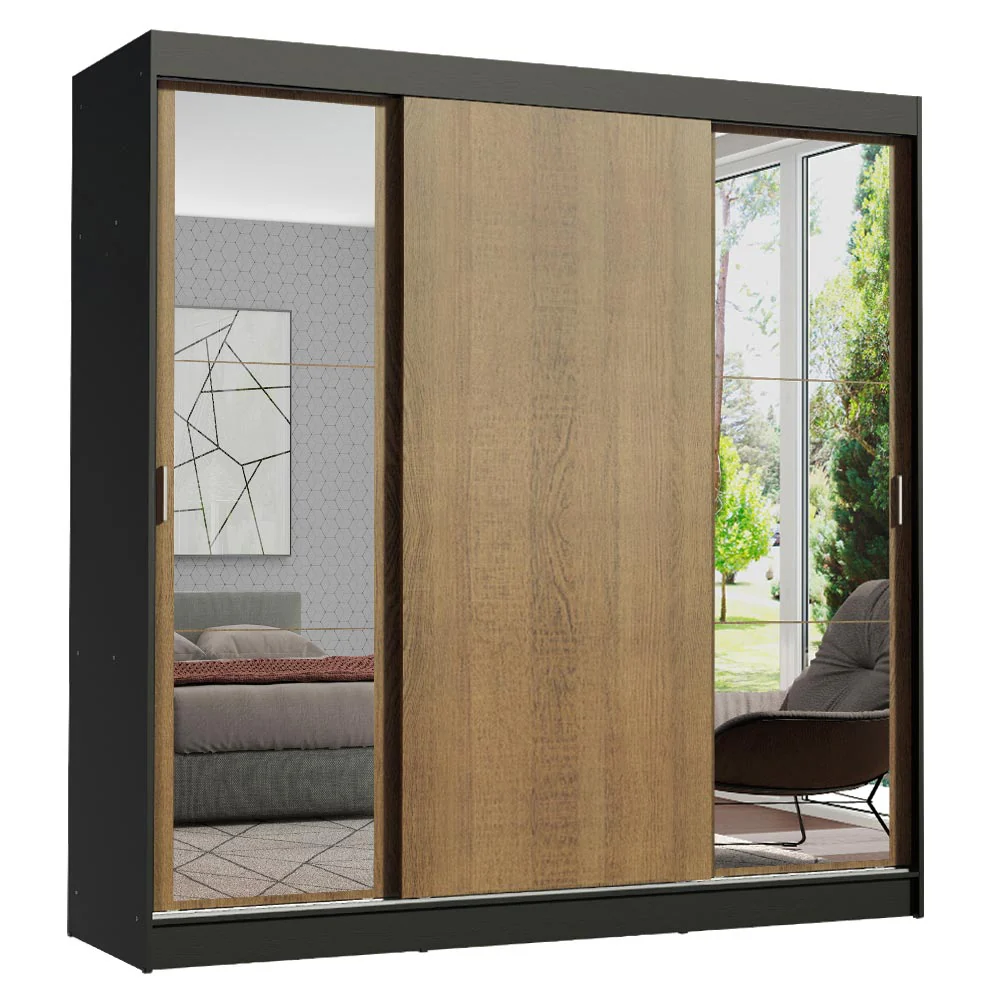Guarda-Roupa Casal Madesa Reno 3 Portas de Correr com Espelhos Preto/Rustic - Image 2