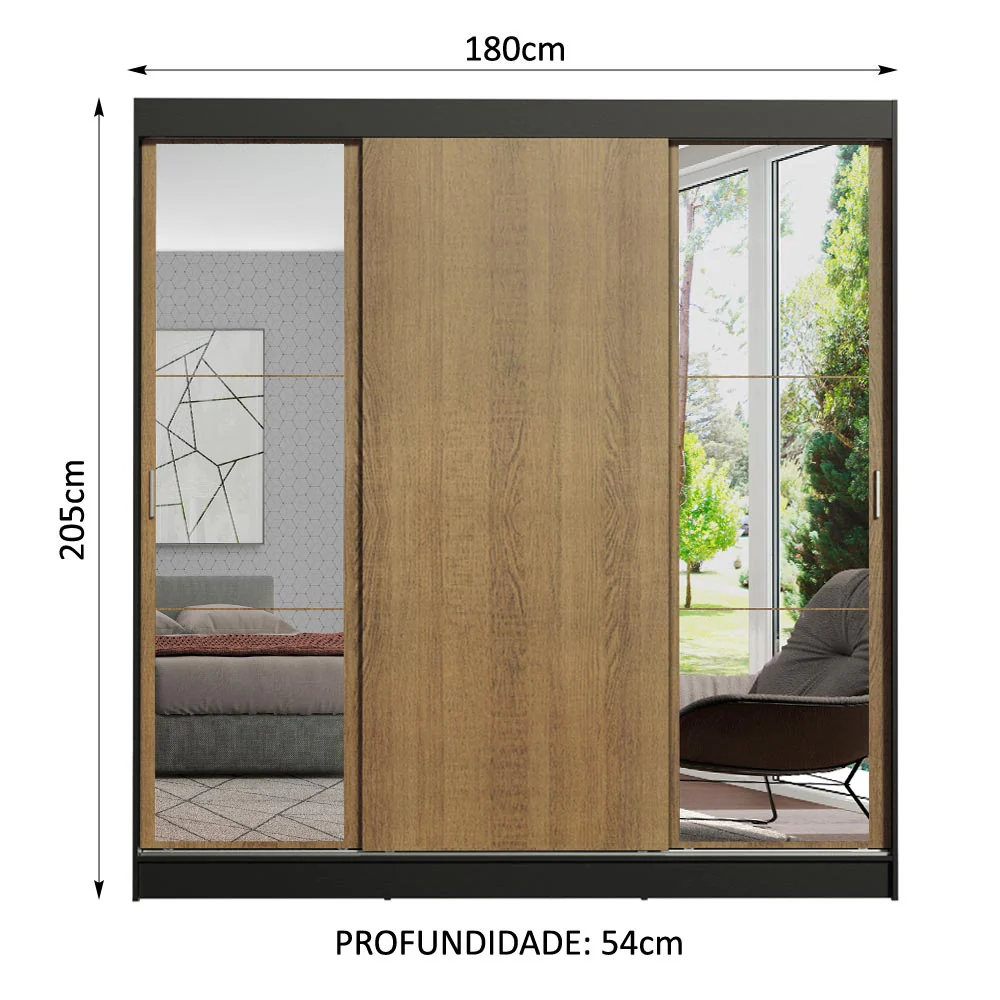 Guarda-Roupa Casal Madesa Reno 3 Portas de Correr com Espelhos Preto/Rustic - Image 3