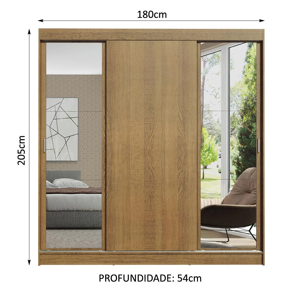 Guarda-Roupa Casal Madesa Reno 3 Portas de Correr com Espelhos Rustic - Image 3