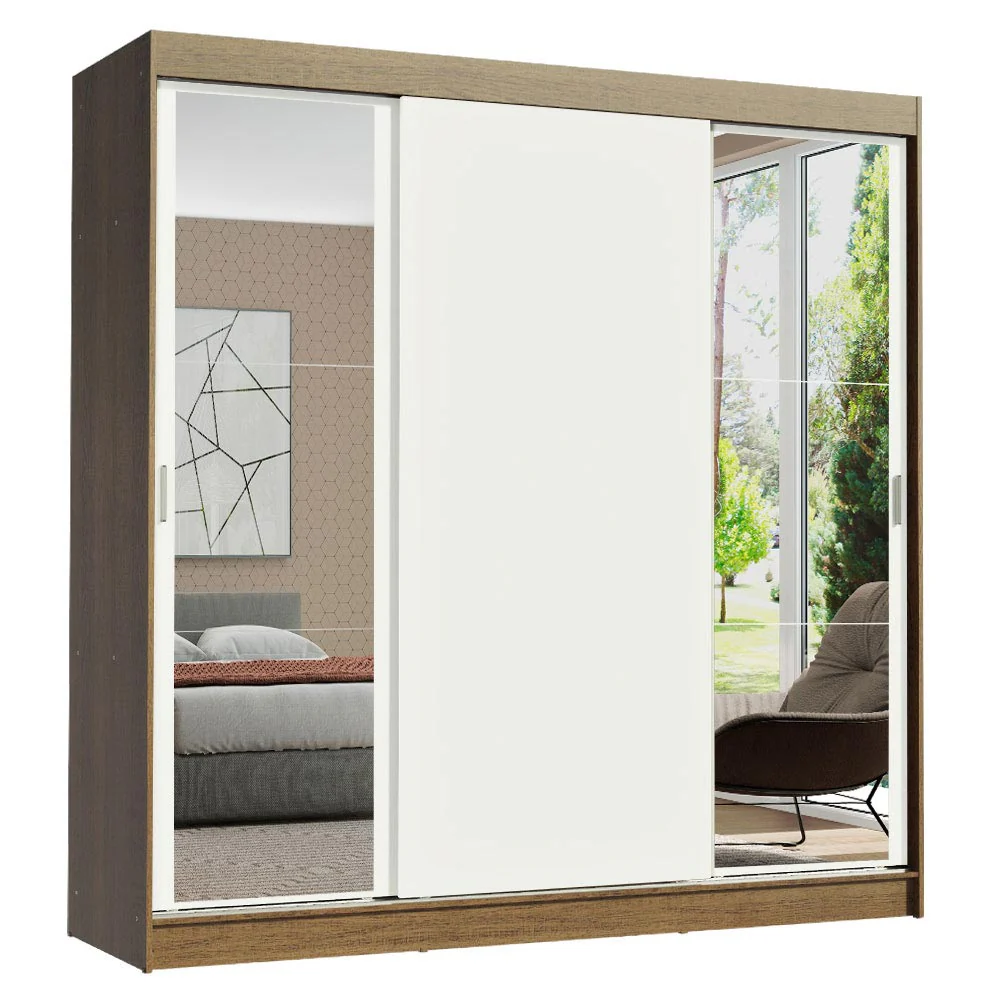 Guarda-Roupa Casal Madesa Reno 3 Portas de Correr com Espelhos Rustic/Branco - Image 2