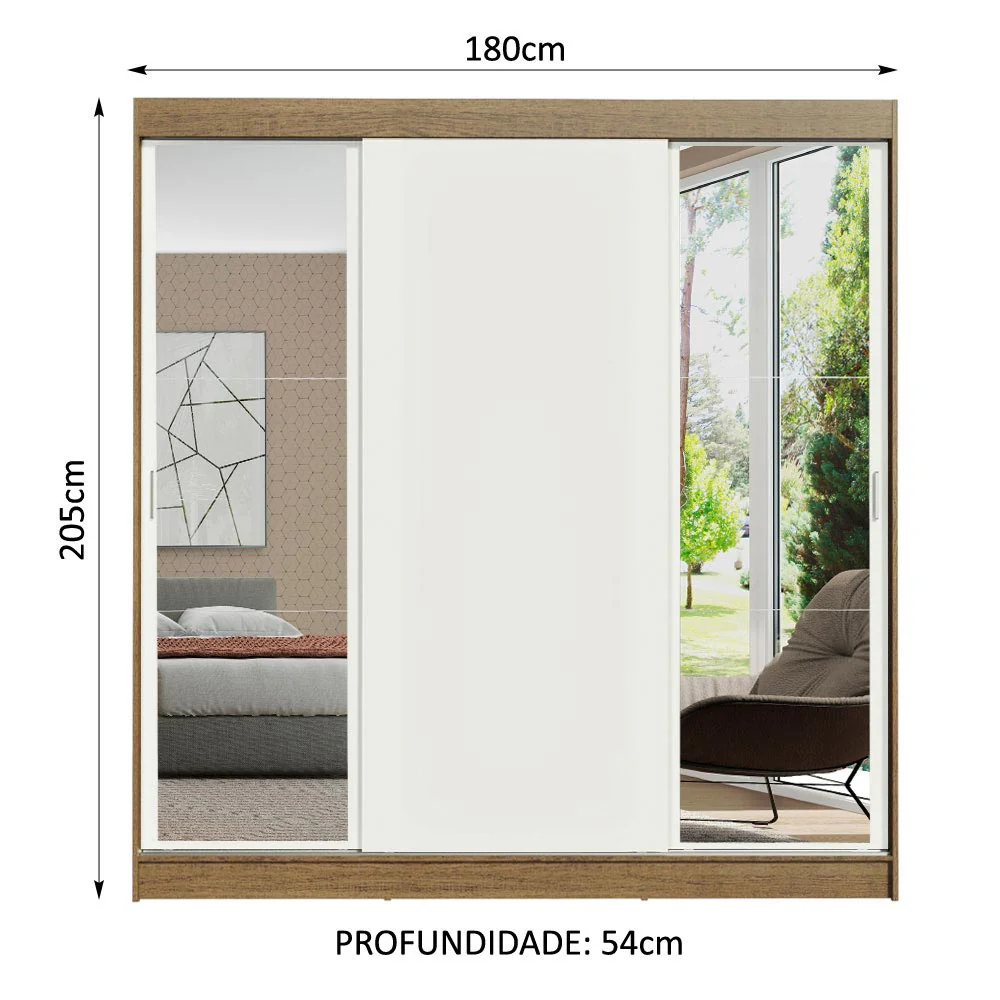 Guarda-Roupa Casal Madesa Reno 3 Portas de Correr com Espelhos Rustic/Branco - Image 3