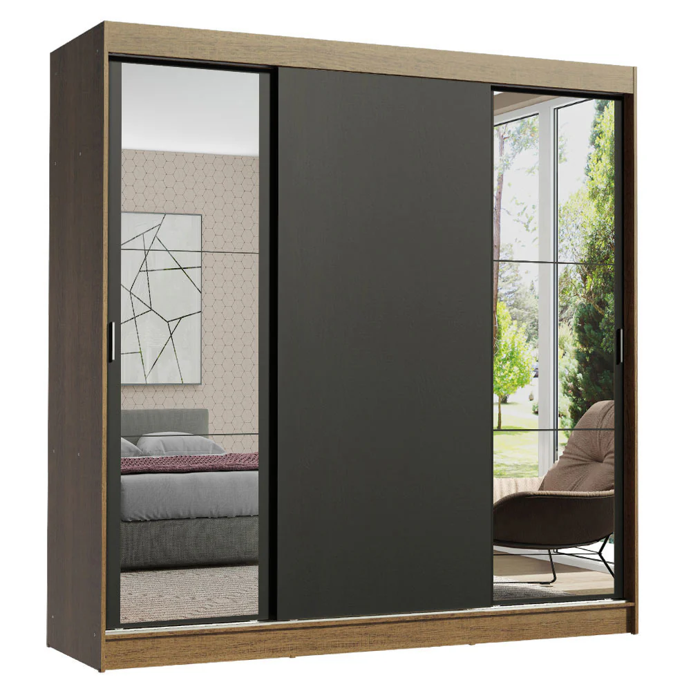 Guarda-Roupa Casal Madesa Reno 3 Portas de Correr com Espelhos Rustic/Preto - Image 2