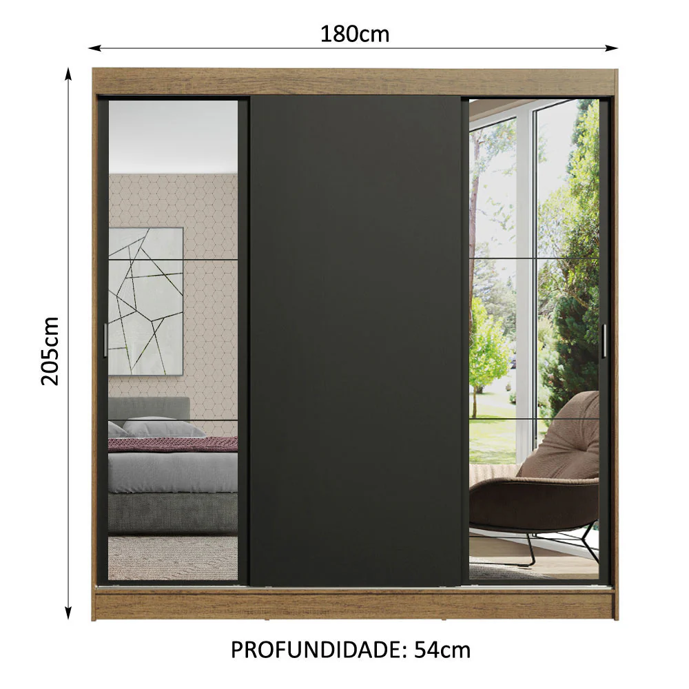 Guarda-Roupa Casal Madesa Reno 3 Portas de Correr com Espelhos Rustic/Preto - Image 3