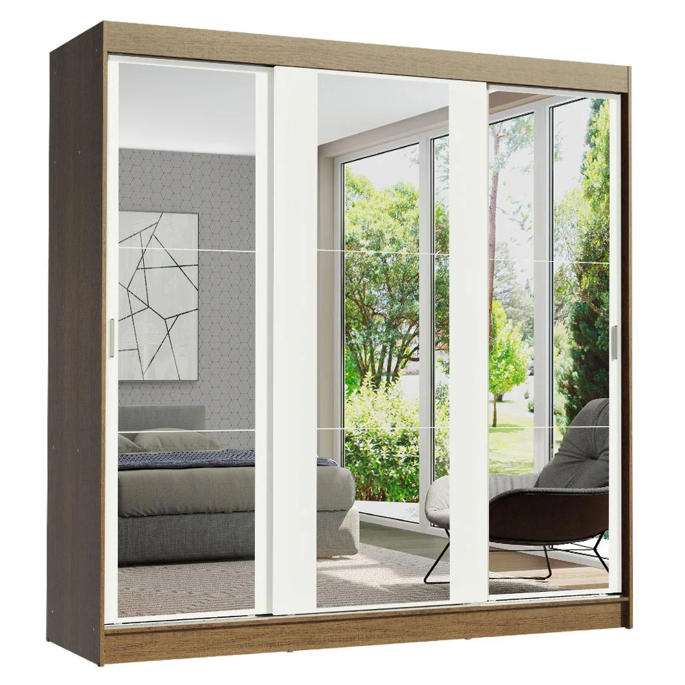 Guarda-Roupa Casal Madesa Reno 3 Portas de Correr de Espelho Rustic/Branco - Image 2