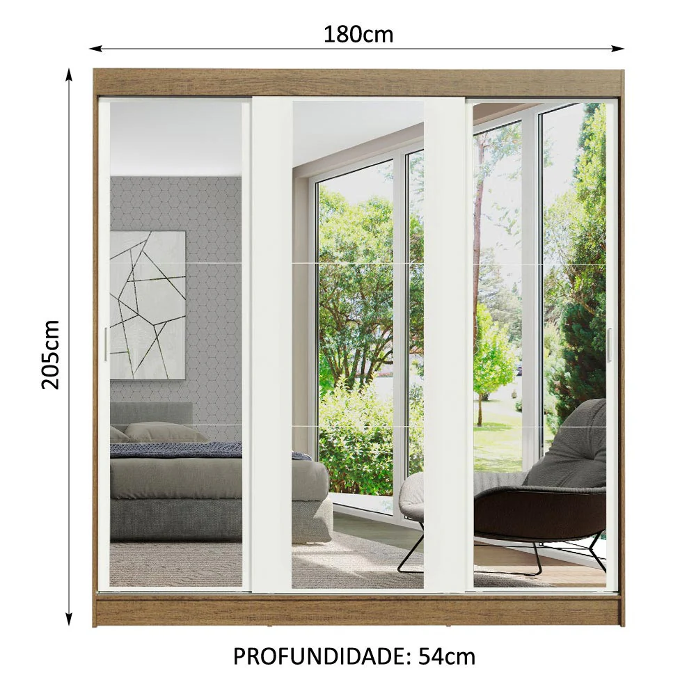 Guarda-Roupa Casal Madesa Reno 3 Portas de Correr de Espelho Rustic/Branco - Image 3