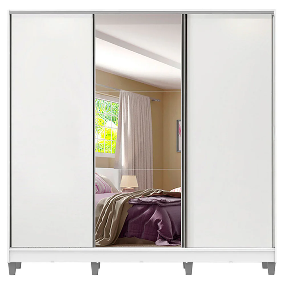 Guarda-Roupa Casal 100% MDF 3 Portas de Correr com Espelho com Pés Branco Royale Madesa - Image 10