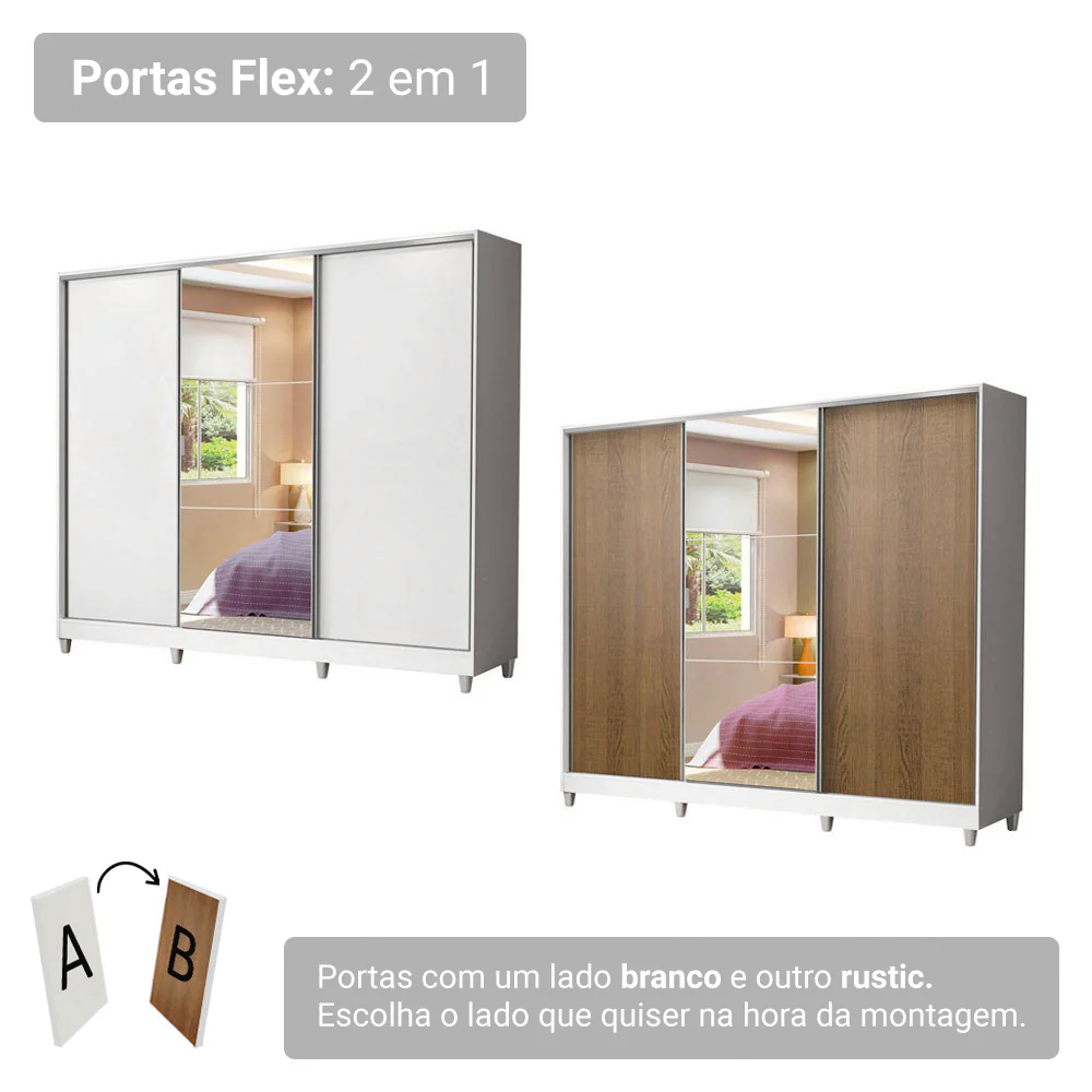 Guarda-Roupa Casal 100% MDF 3 Portas de Correr com Espelho com Pés Branco Royale Madesa - Image 9