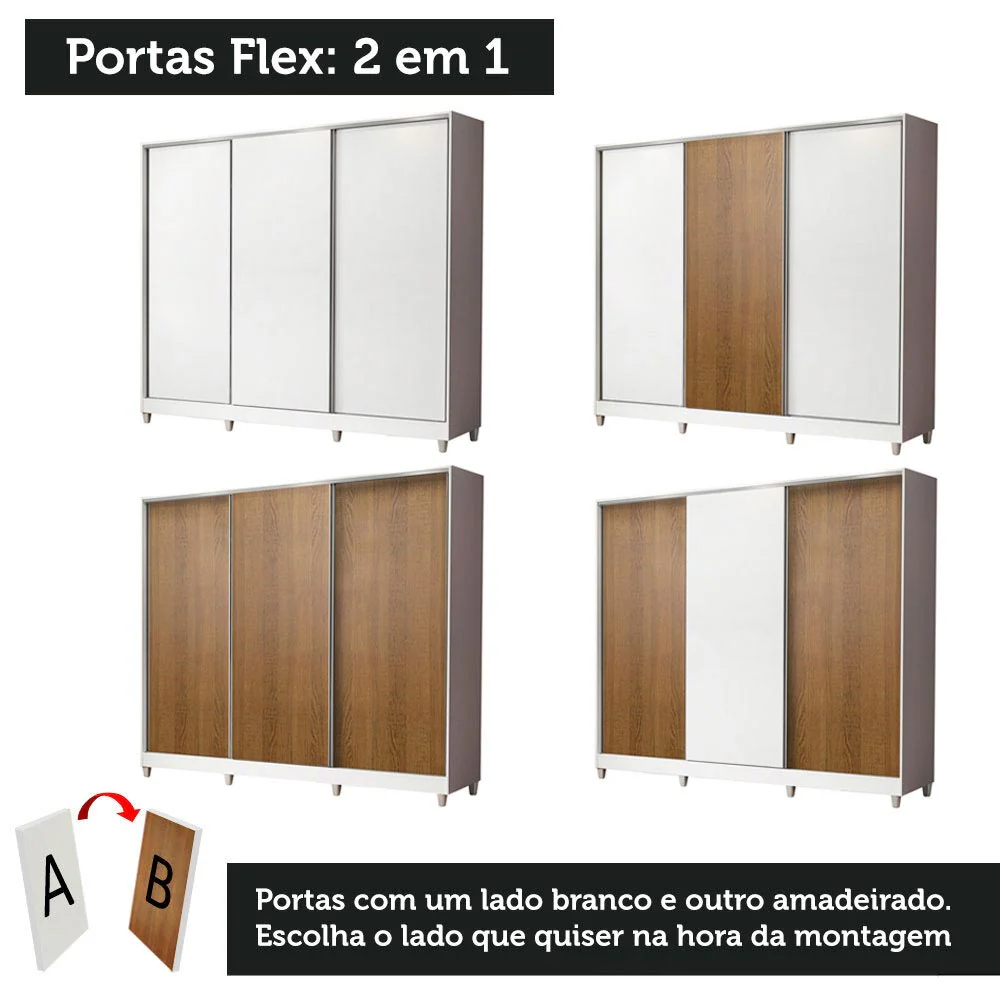 Guarda-Roupa Casal 100% MDF Madesa Royale 3 Portas de Correr com Pés Branco - Image 10
