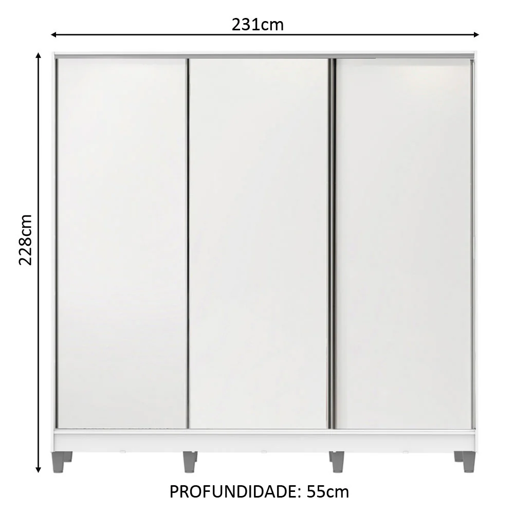 Guarda-Roupa Casal 100% MDF Madesa Royale 3 Portas de Correr com Pés Branco - Image 3