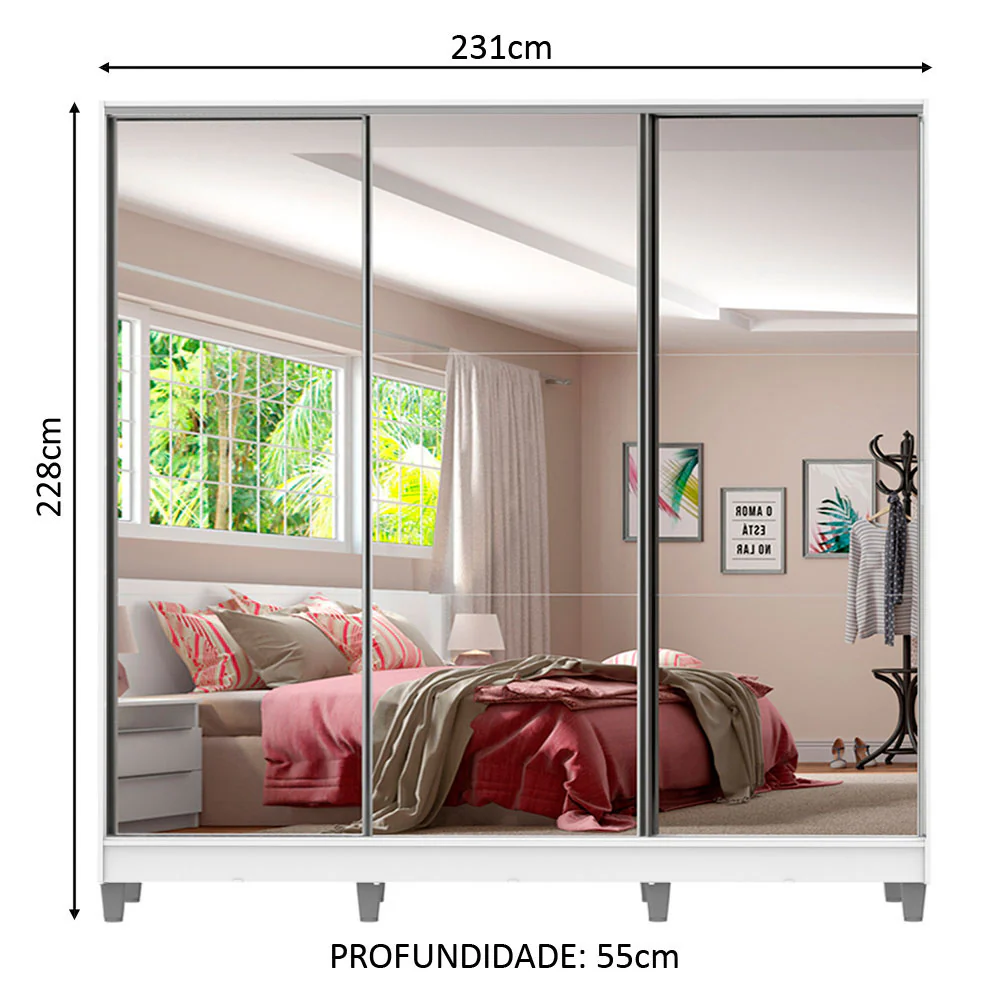 Guarda-Roupa Casal 100% MDF Madesa Royale 3 Portas de Correr de Espelho com Pés Branco - Image 3