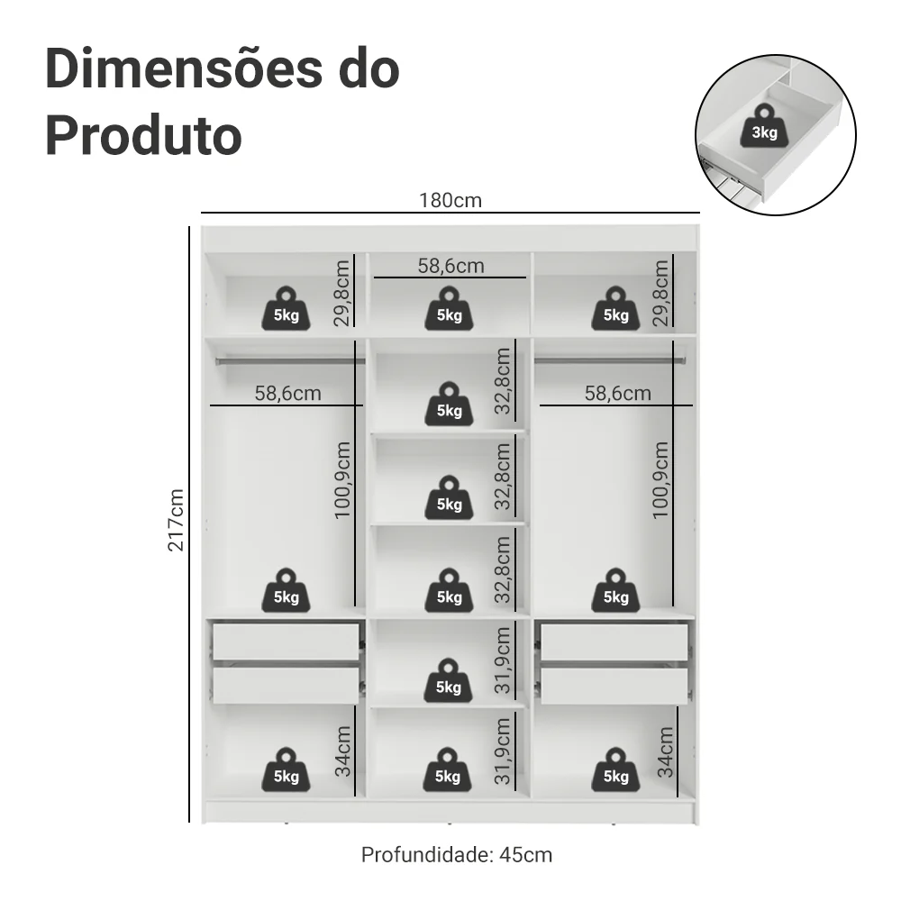 Guarda-Roupa Closet 4 Gavetas 180 cm Branco Venus Madesa - Image 3