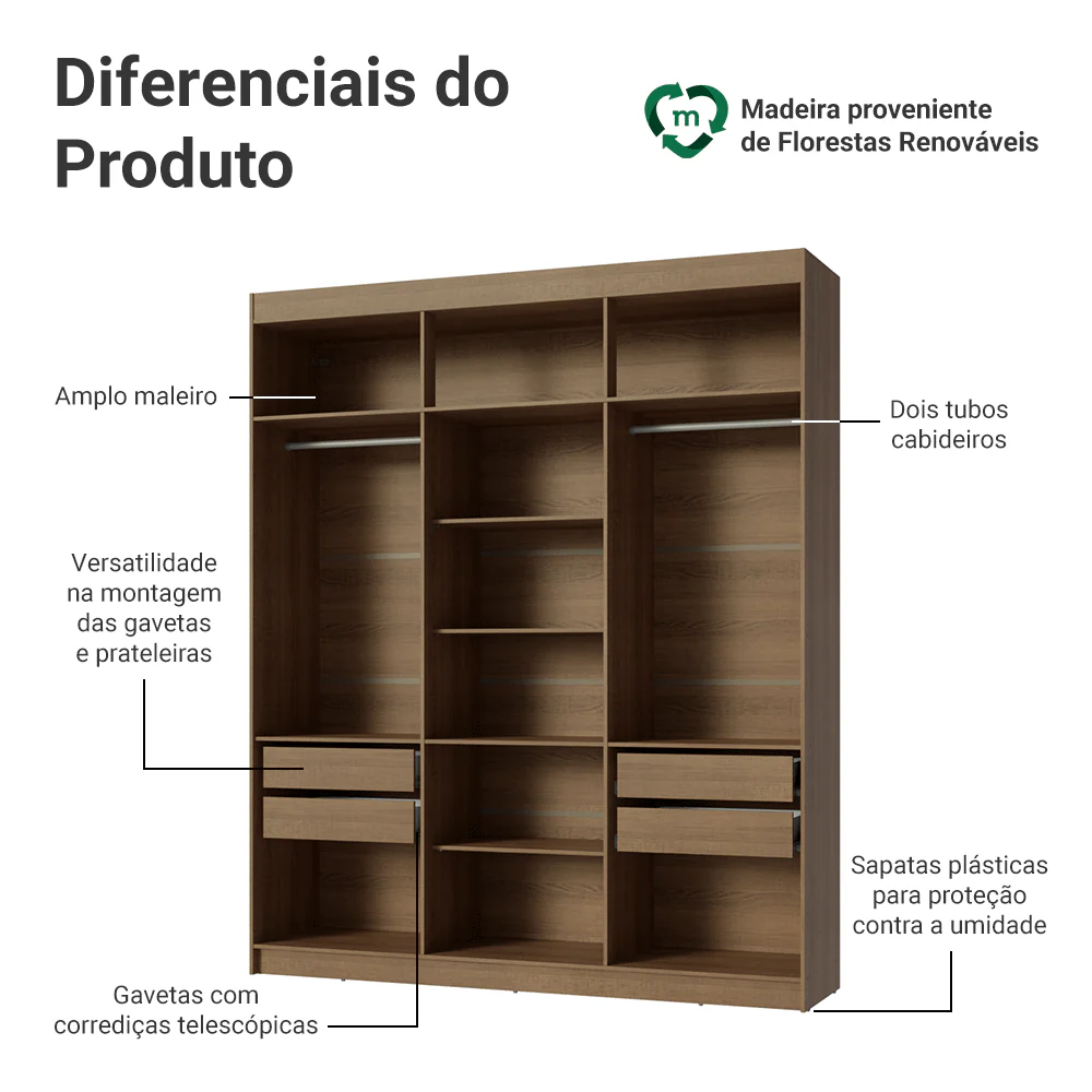 Guarda-Roupa Closet 4 Gavetas 180 cm Rustic Venus Madesa - Image 4