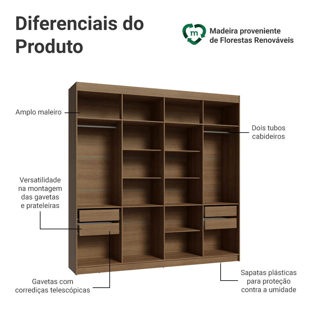 Guarda-Roupa Closet 4 Gavetas 216 cm Rustic Venus Madesa - Image 4