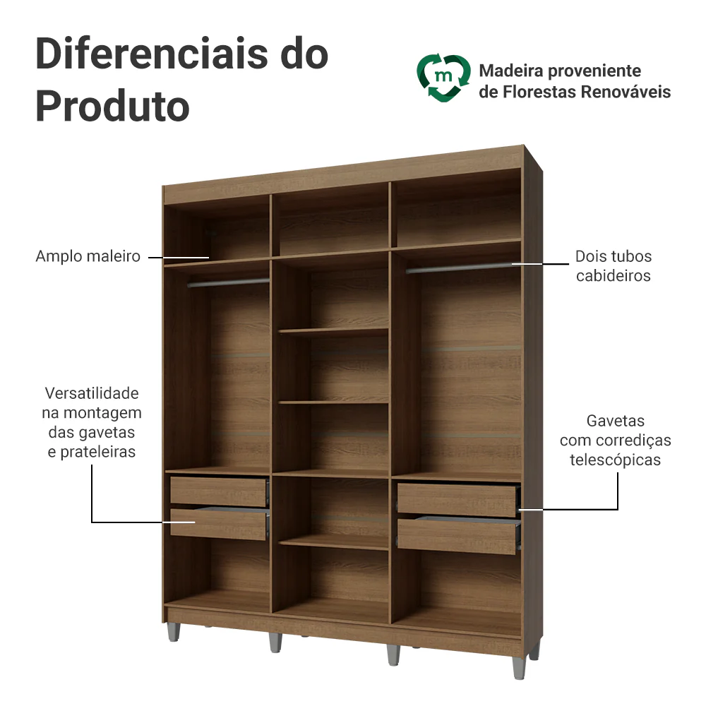 Guarda-Roupa Closet com Pés 4 Gavetas 180cm Rustic Venus Madesa - Image 4