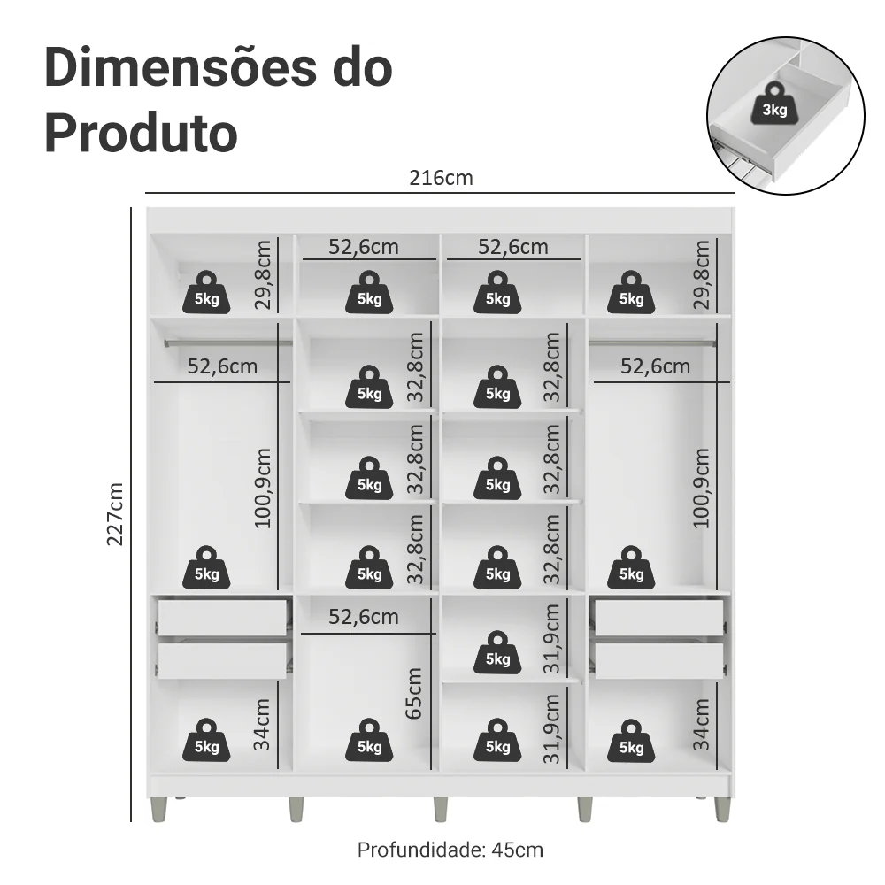 Guarda-Roupa Closet com Pés 4 Gavetas 216cm Branco Venus Madesa - Image 3