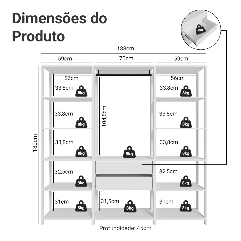 Guarda-Roupa Closet Modulado 2 Gavetas 188 cm Branco Valencia Madesa - Image 3