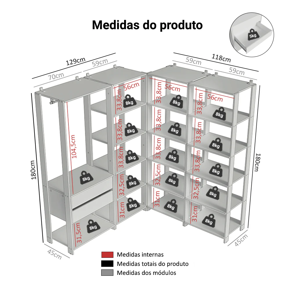 Guarda-Roupa Closet Modulado 2 Gavetas 247 cm Branco Valencia Madesa - Image 3