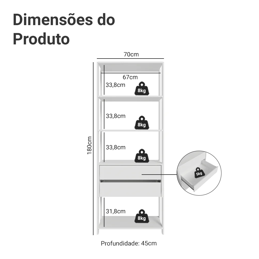 Guarda-Roupa Closet Modulado 2 Gavetas 4 Prateleiras 70cm Branco Valencia Madesa - Image 3