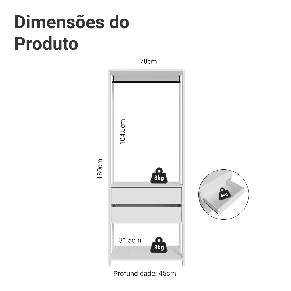 Guarda-Roupa Closet Modulado 2 Gavetas 70cm Branco Valencia Madesa - Image 4