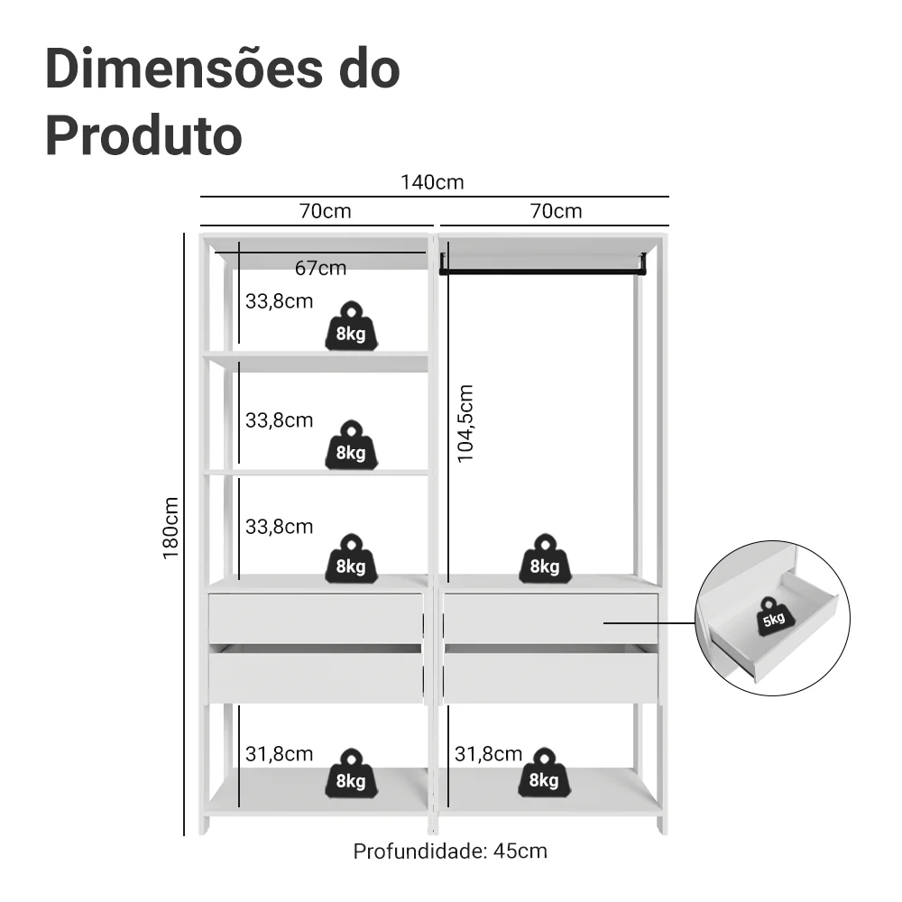 Guarda-Roupa Closet Modulado 4 Gavetas 140 cm Branco Valencia Madesa - Image 3