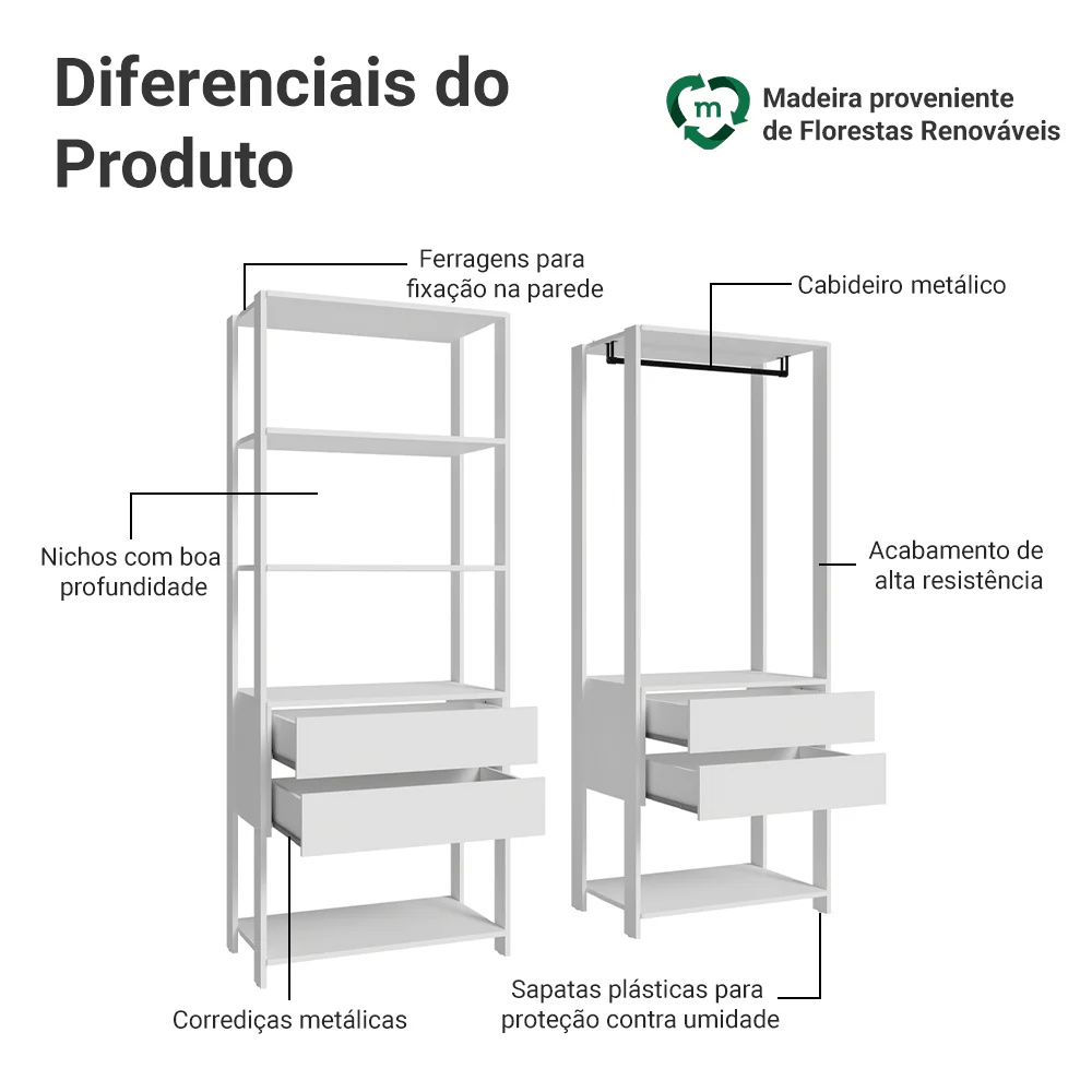 Guarda-Roupa Closet Modulado 4 Gavetas 140 cm Branco Valencia Madesa - Image 4