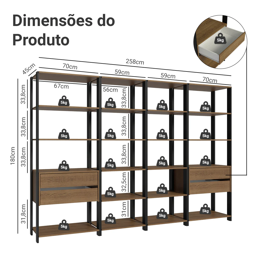 Guarda-Roupa Closet Modulado 4 Gavetas 18 Prateleiras 258cm Rustic/Preto Valencia Madesa - Image 3