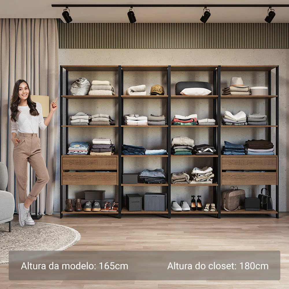 Guarda-Roupa Closet Modulado 4 Gavetas 18 Prateleiras 258cm Rustic/Preto Valencia Madesa - Image 4