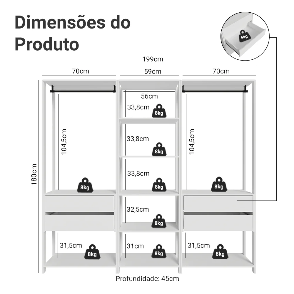 Guarda-Roupa Closet Modulado 4 Gavetas 199 cm Branco Valencia Madesa - Image 3