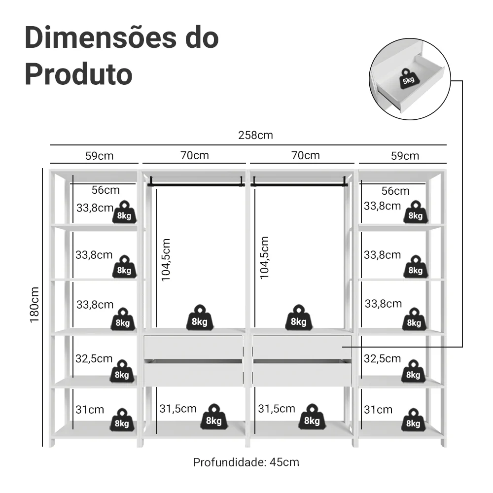 Guarda-Roupa Closet Modulado 4 Gavetas 258 cm Branco Valencia Madesa 01 - Image 3