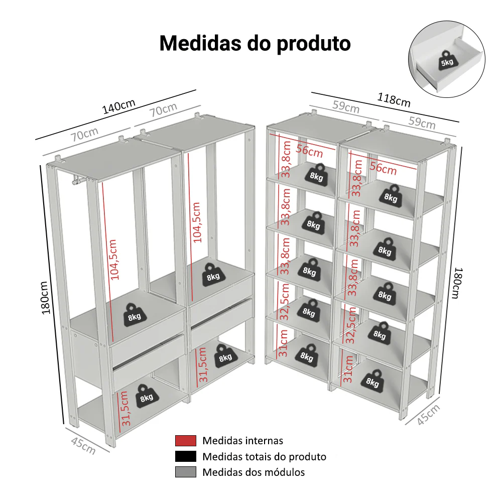 Guarda-Roupa Closet Modulado 4 Gavetas 258 cm Branco Valencia Madesa 03 - Image 3