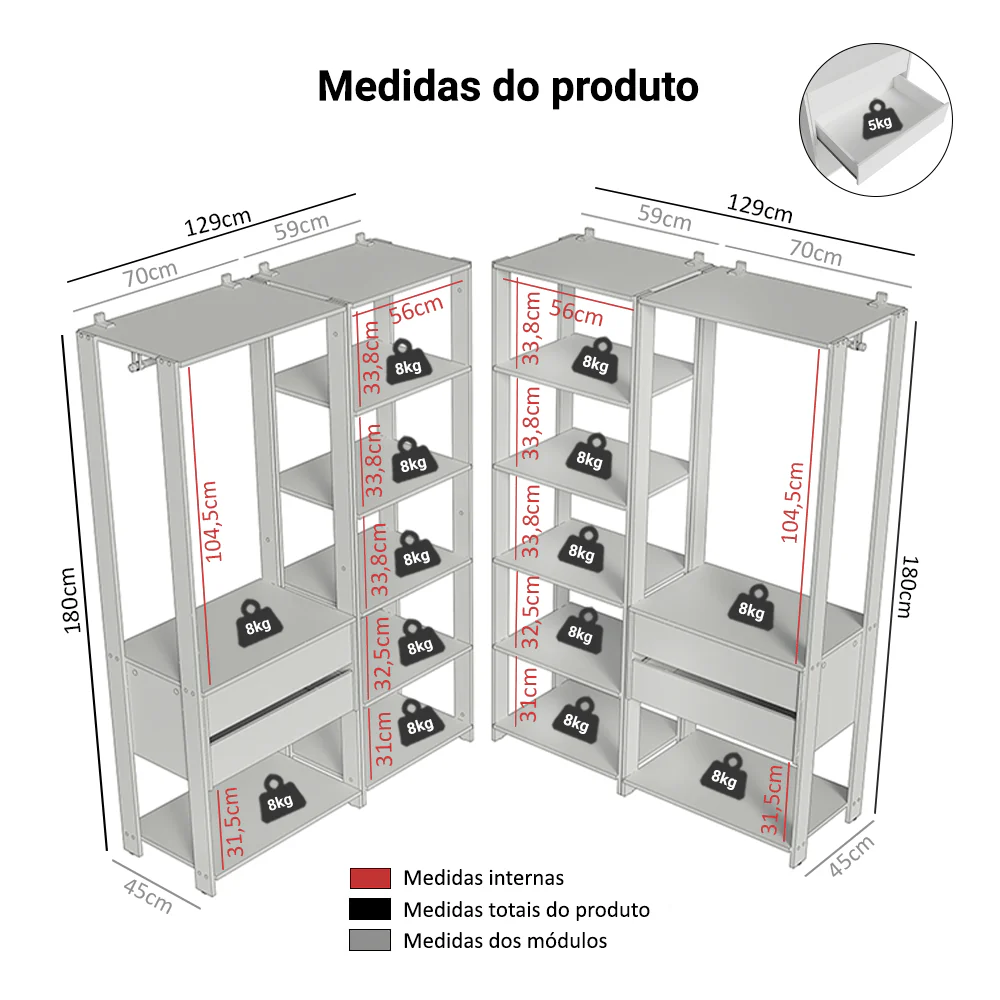 Guarda-Roupa Closet Modulado 4 Gavetas 258 cm Branco Valencia Madesa 04 - Image 3