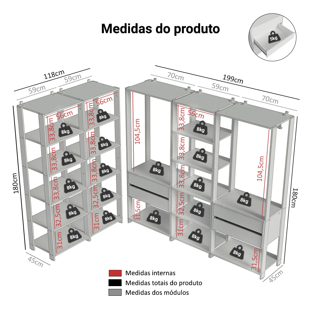 Guarda-Roupa Closet Modulado 4 Gavetas 317 cm Branco Valencia Madesa - Image 3