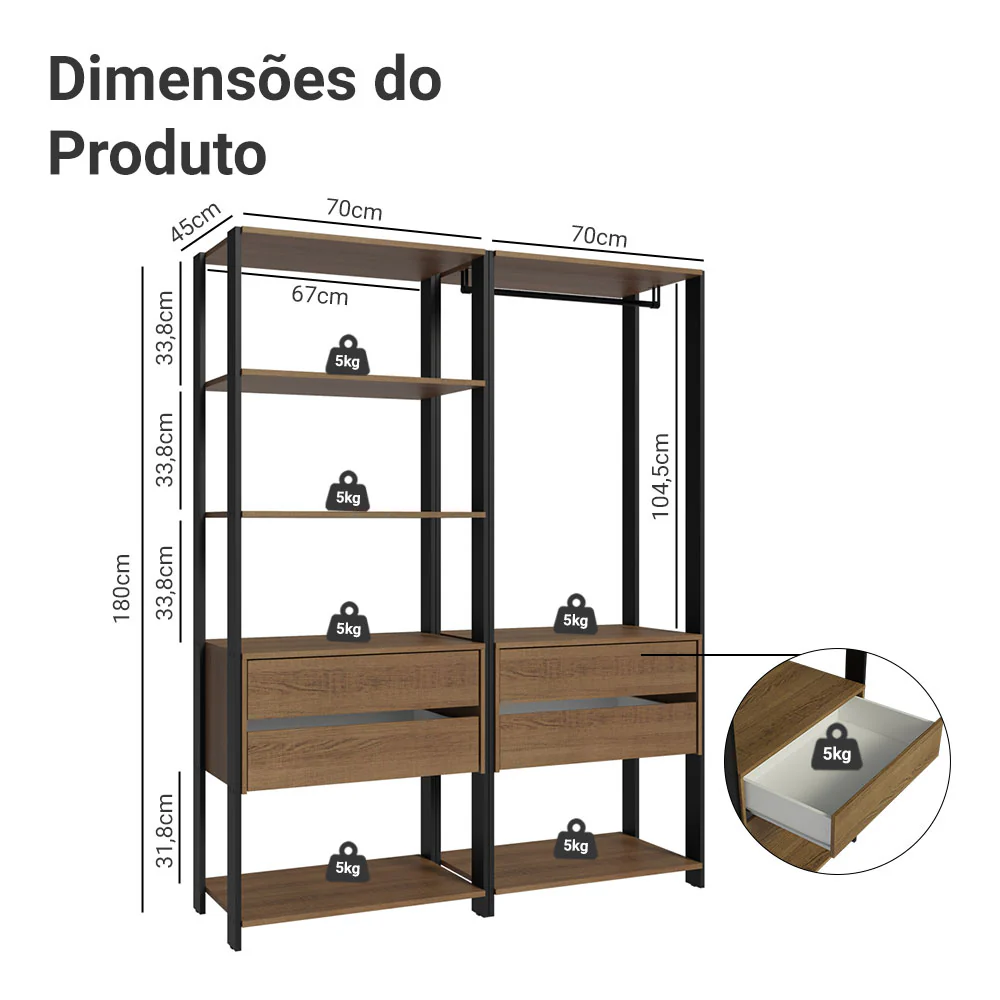 Guarda-Roupa Closet Modulado 4 Gavetas 6 Prateleiras 140cm Rustic/Preto Valencia Madesa - Image 3