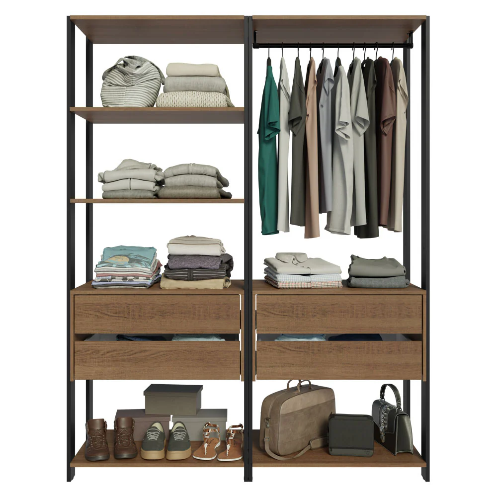 Guarda-Roupa Closet Modulado 4 Gavetas 6 Prateleiras 140cm Rustic/Preto Valencia Madesa - Image 6