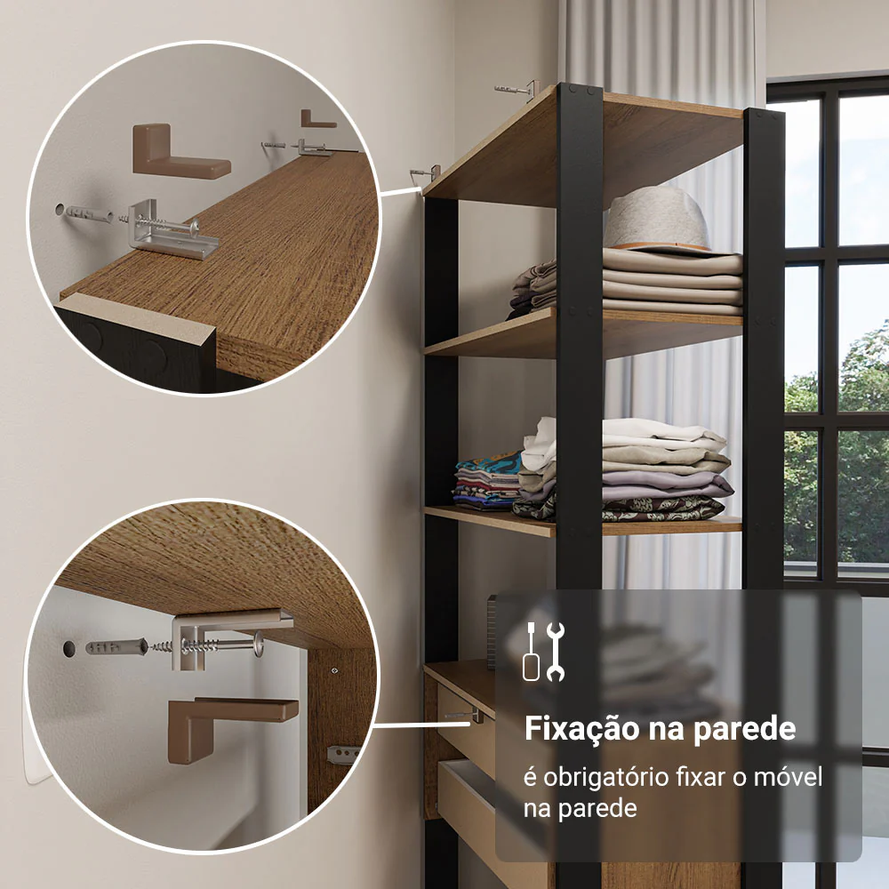 Guarda-Roupa Closet Modulado 4 Gavetas 6 Prateleiras 140cm Rustic/Preto Valencia Madesa - Image 8