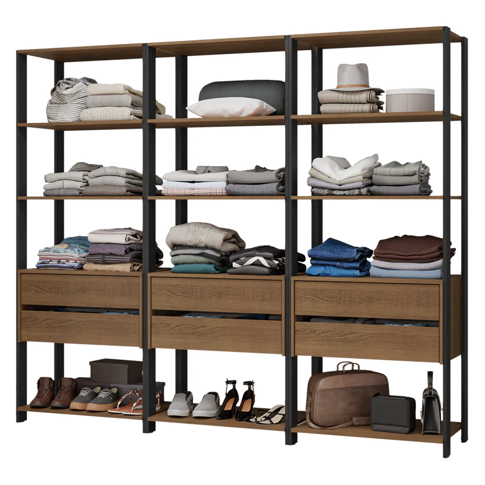 Guarda-Roupa Closet Modulado 6 Gavetas 12 Prateleiras 210cm Rustic/Preto Valencia Madesa - Image 2