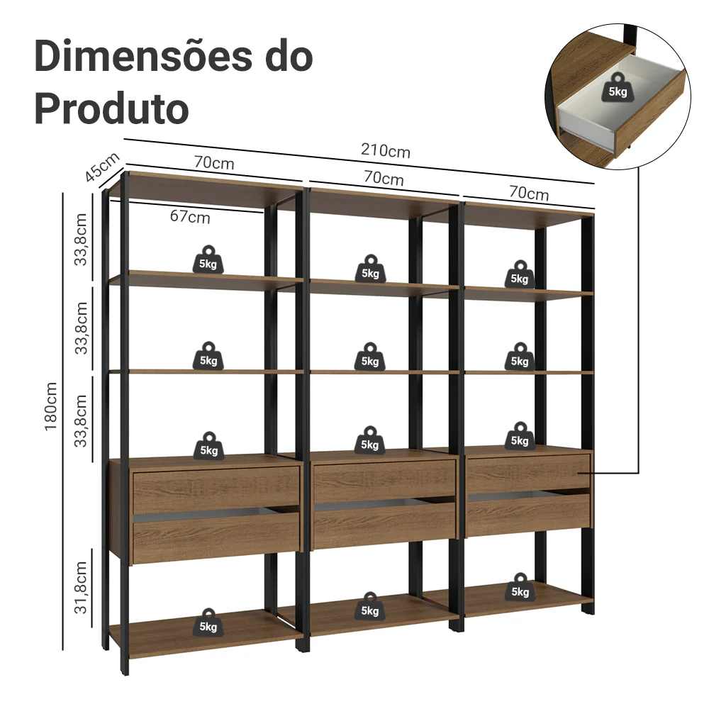 Guarda-Roupa Closet Modulado 6 Gavetas 12 Prateleiras 210cm Rustic/Preto Valencia Madesa - Image 3