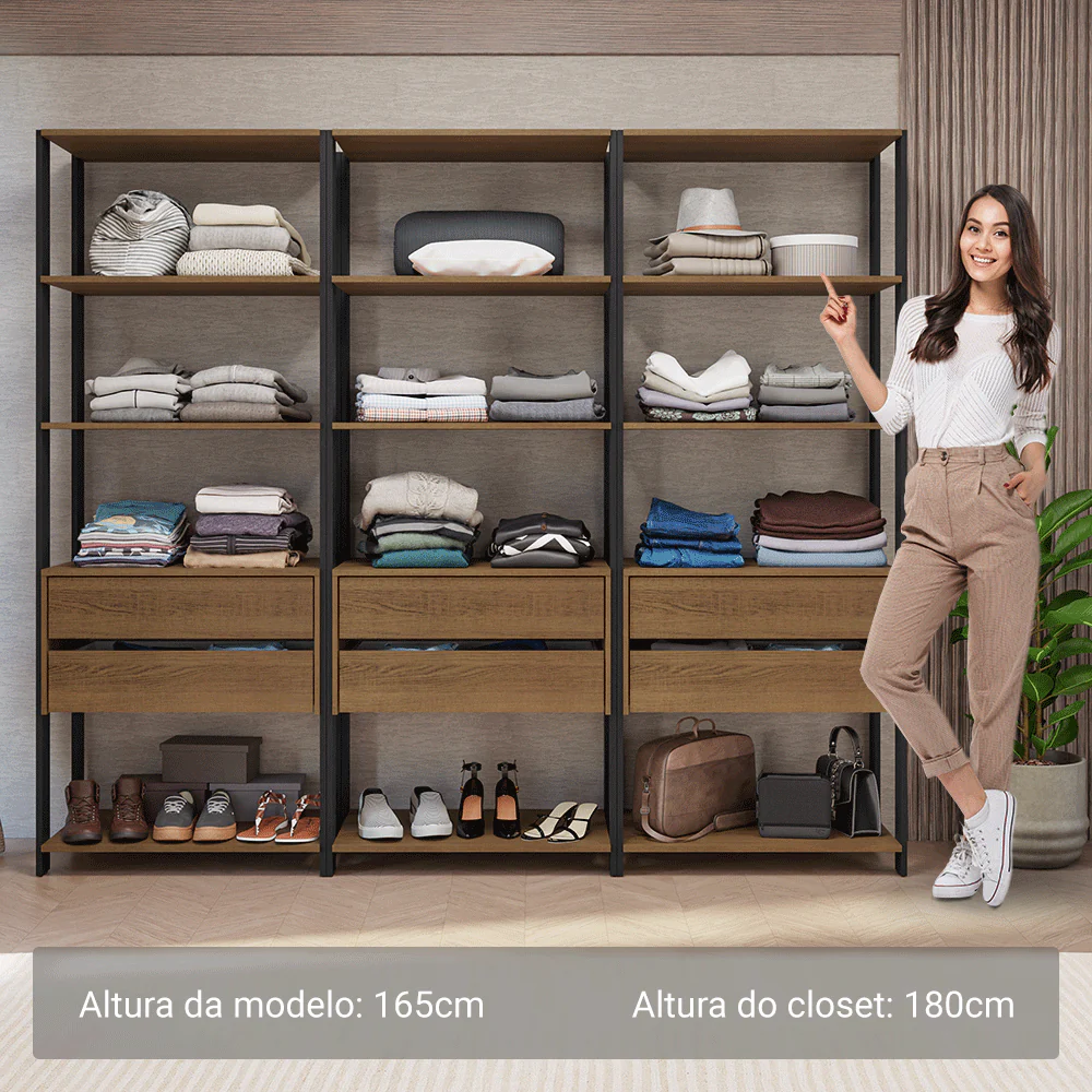 Guarda-Roupa Closet Modulado 6 Gavetas 12 Prateleiras 210cm Rustic/Preto Valencia Madesa - Image 4