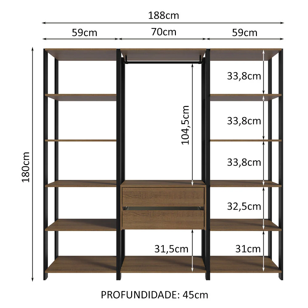 Guarda-Roupa Closet Modulado Valencia 2 Gavetas 188cm Rustic/Preto Madesa 01 - Image 3
