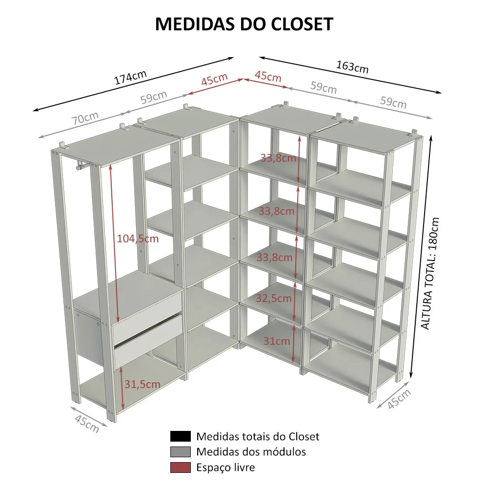 Guarda-Roupa Closet Modulado 2 Gavetas 247 cm Rustic/Preto Valencia Madesa - Image 3