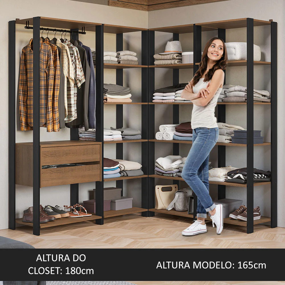 Guarda-Roupa Closet Modulado 2 Gavetas 247 cm Rustic/Preto Valencia Madesa - Image 5