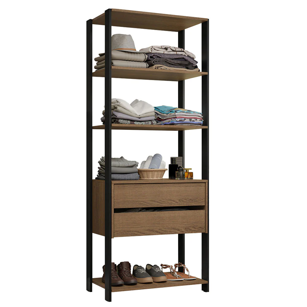 Guarda-Roupa Closet Modulado 2 Gavetas 4 Prateleiras 70cm Rustic/Preto Valencia Madesa - Image 2