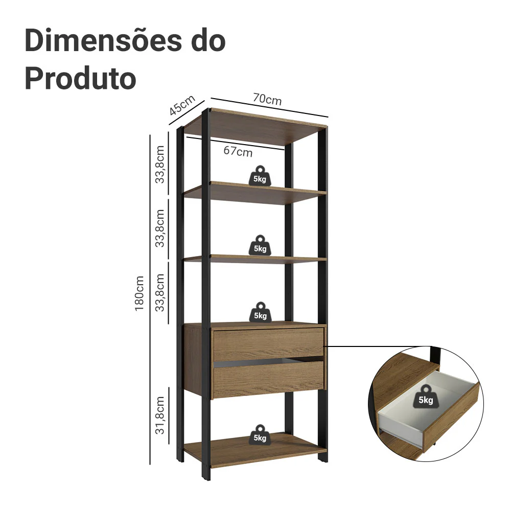 Guarda-Roupa Closet Modulado 2 Gavetas 4 Prateleiras 70cm Rustic/Preto Valencia Madesa - Image 3