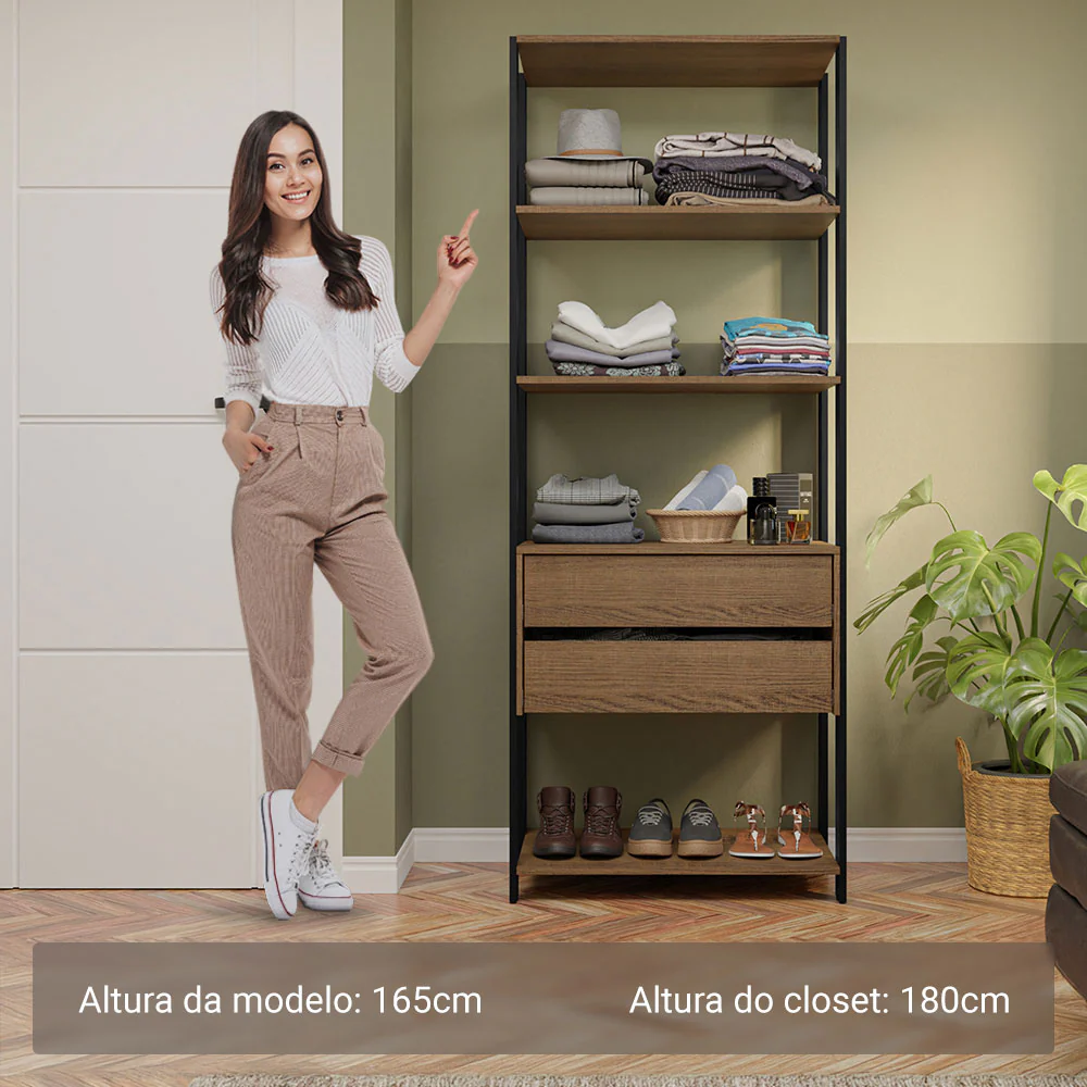 Guarda-Roupa Closet Modulado 2 Gavetas 4 Prateleiras 70cm Rustic/Preto Valencia Madesa - Image 5