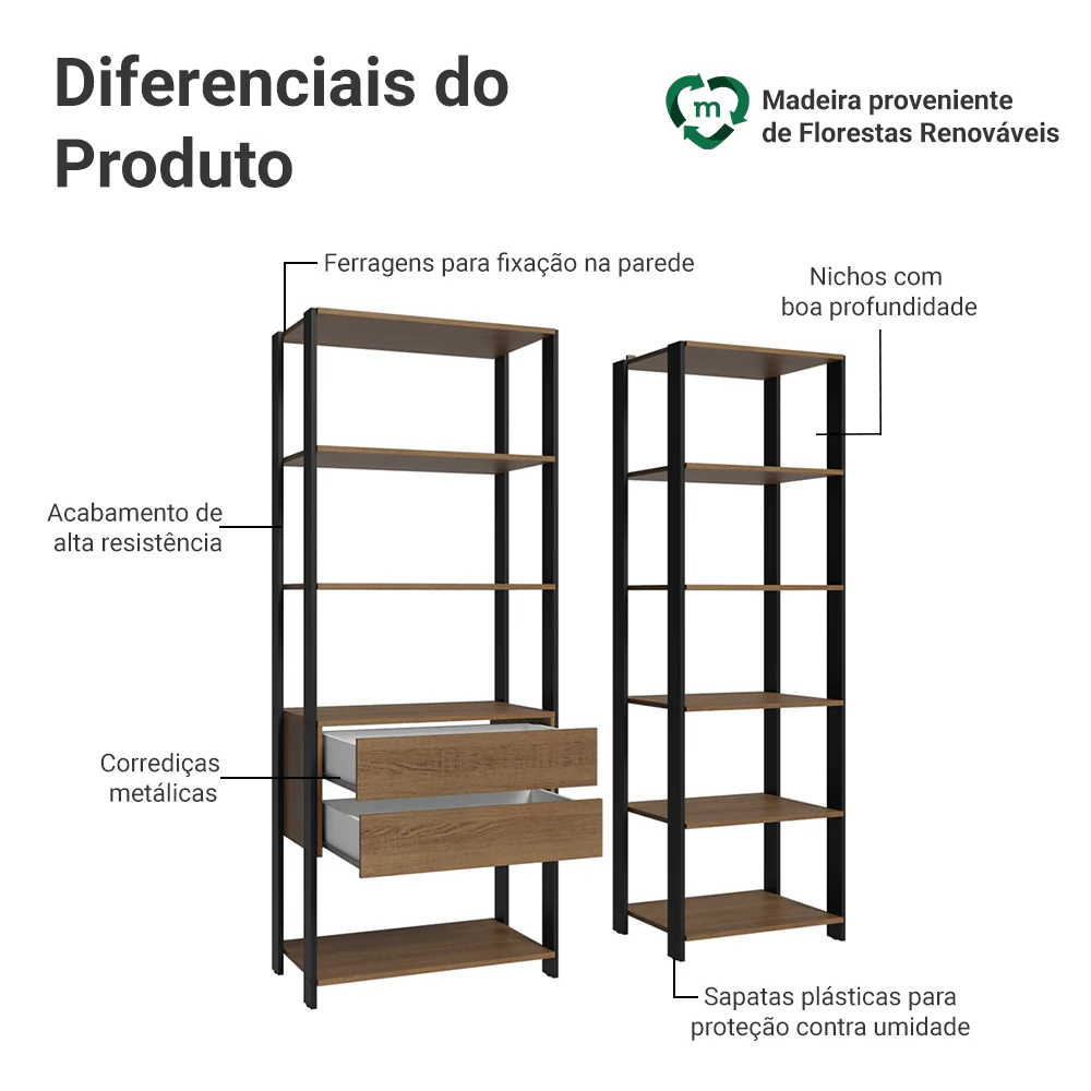 Guarda-Roupa Closet Modulado Valencia 2 Gavetas 9 Prateleiras 129cm Rustic/Preto Madesa - Image 4